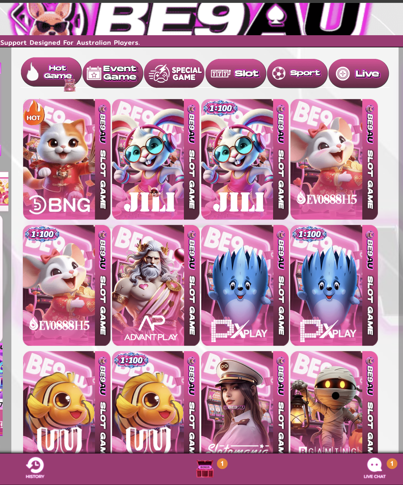BE9AU game lobby displayed on a phone.